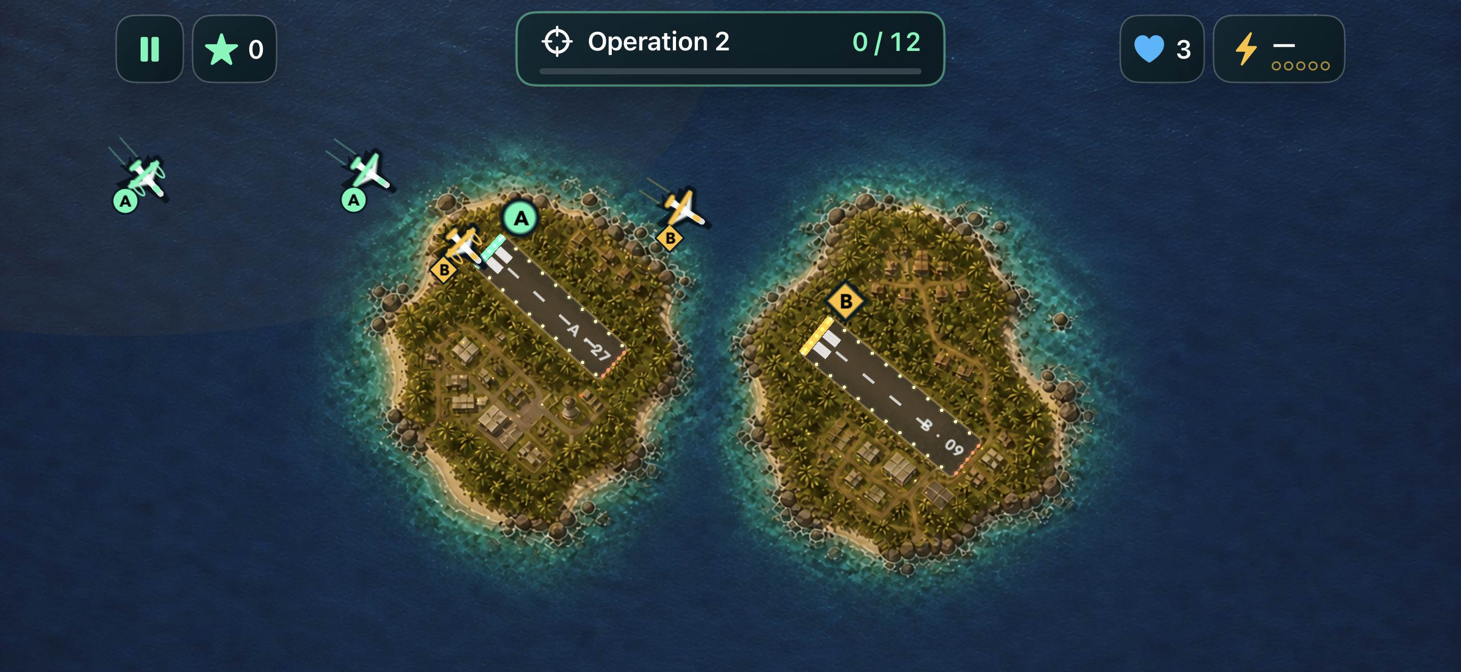 Matar gameplay showing aircraft assigned to two island runways